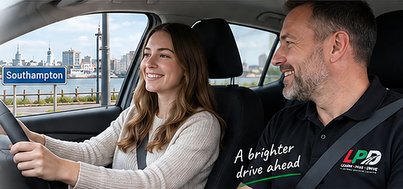 Learner driving an automatic car with an LPD instructor in Southampton